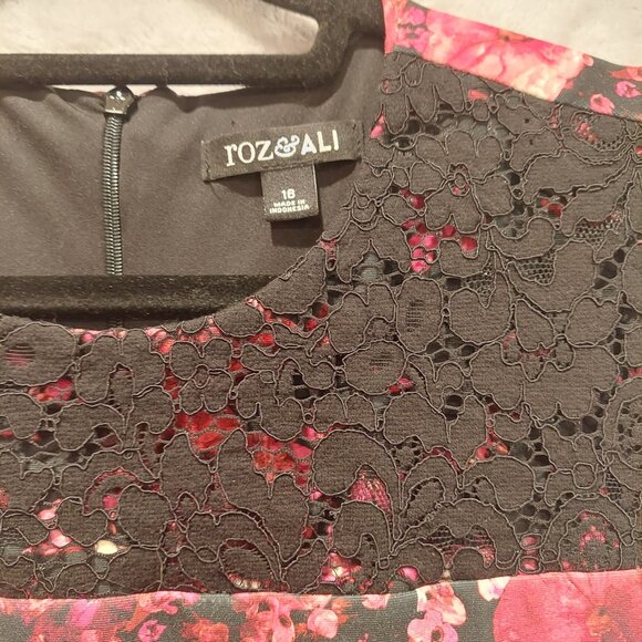 Womens Dress 16 Black Red Rose Floral Lacy Zip Sheath Feminine Career Date Night - Picture 5 of 16